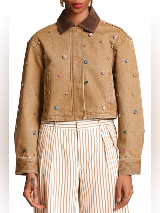 Avec Les Filles Jackets & Blazers - Avec Les Filles Embellished Cropped Barn Jacket Tan Brown Medium